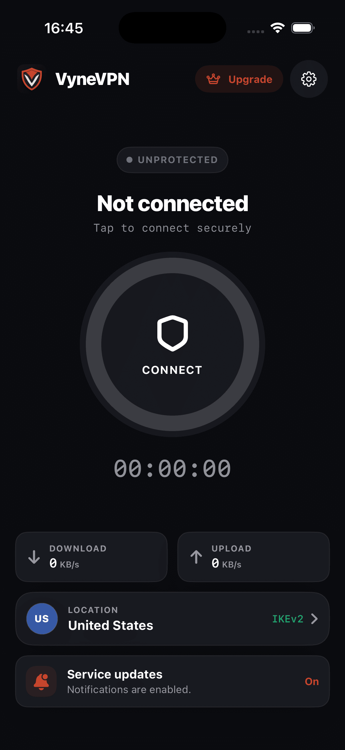 VyneVPN iPhone app showing the one-tap connection screen